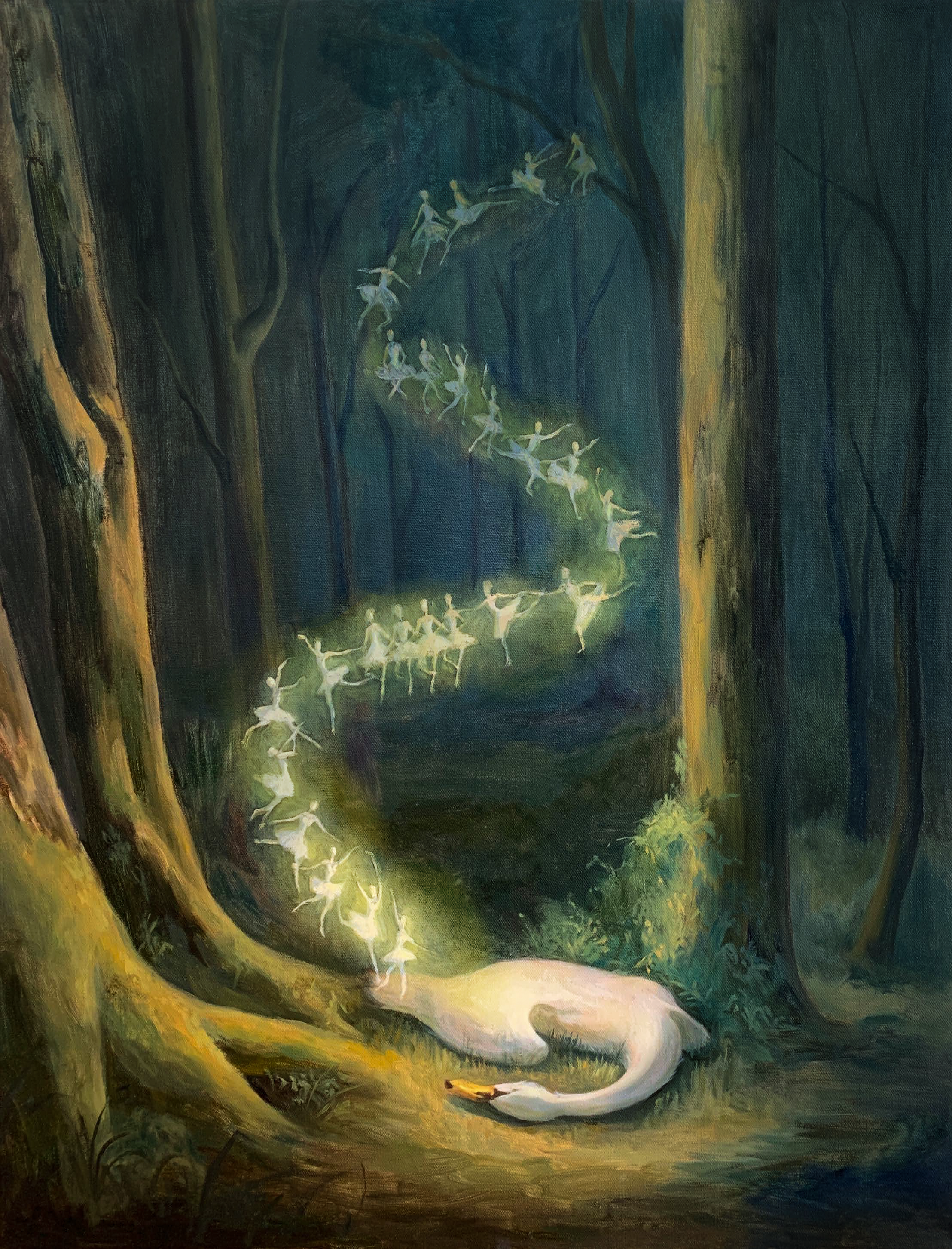 Swan in woods dreaming of fairies